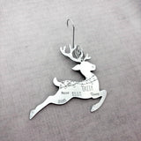 Large Reindeer Christmas ornament with multiple fonts on silver hook