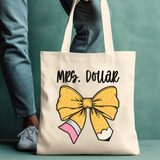 Personalized Teacher Name Tote Bag with Pencil Bow