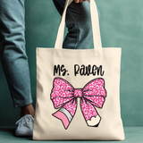 Personalized Teacher Name Tote Bag with Pencil Bow