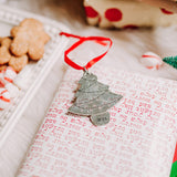 Christmas tree shaped ornament with little stamped lights and names