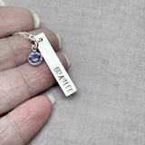 Personalized Sterling Silver Name Bar Necklace with Birthstone n hand to show size