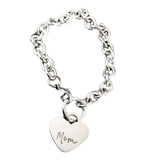 Silver chain bracelet with a heart-shaped tag engraved with 'Mom' on a white background