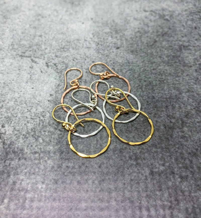 Rose Gold karma earrings, Rose Gold hammered circle earrings