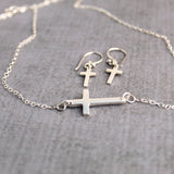 Sterling silver sideways cross necklace and earrings set