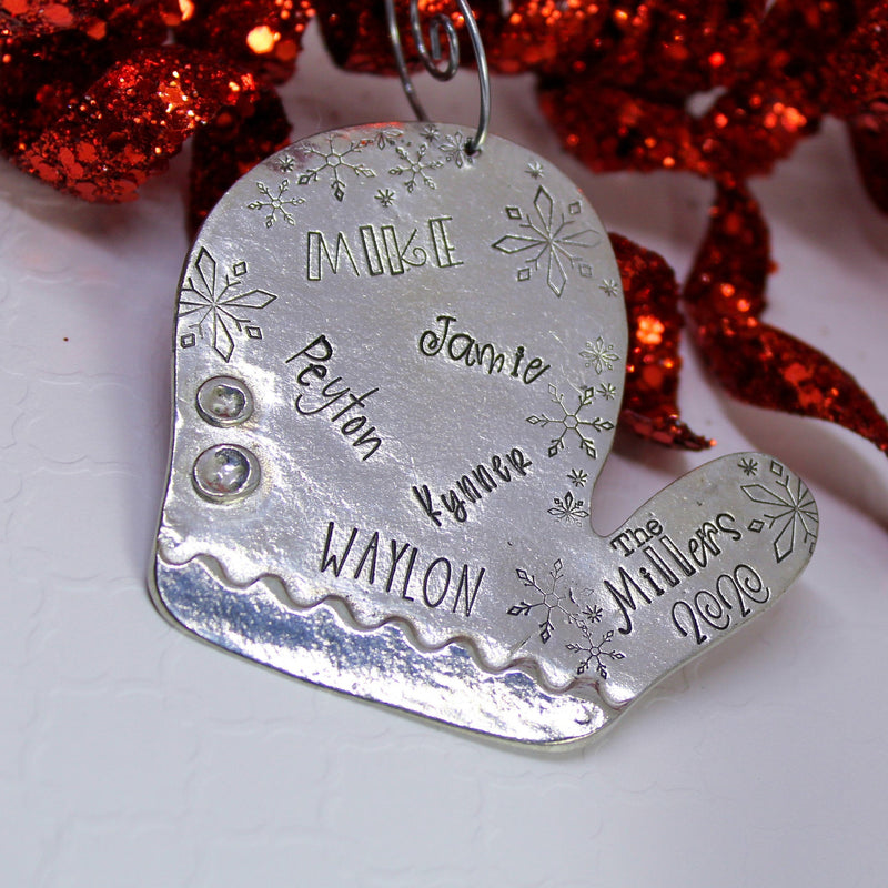 Personalized Mitten Christmas ornament, pewter
