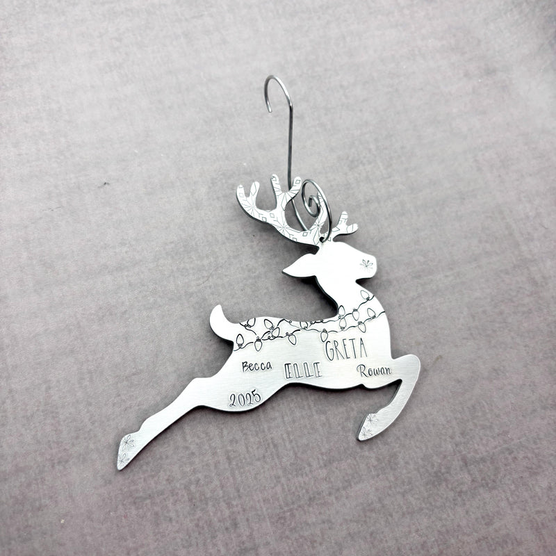 Large Reindeer Christmas ornament with multiple fonts on silver hook