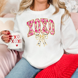 XOXO Bow Sweatshirt | Pink Leopard Valentine’s Crewneck Sweatshirt | White