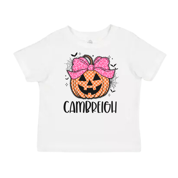 Pink Bow Pumpkin Personalized Halloween Shirt for Kids