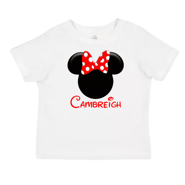 Personalized Minnie Ears with Red Bow Kids’ T-Shirt – Custom Name Tee