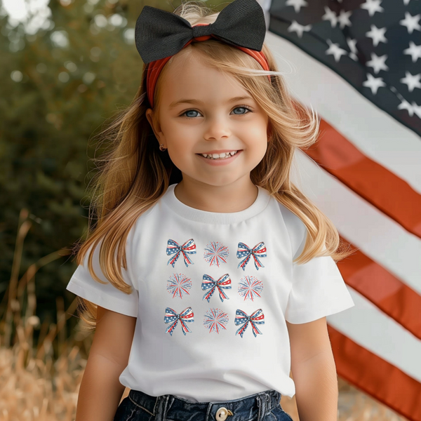 Patriotic Bows and Fireworks T-Shirt, Coquette 4th of July