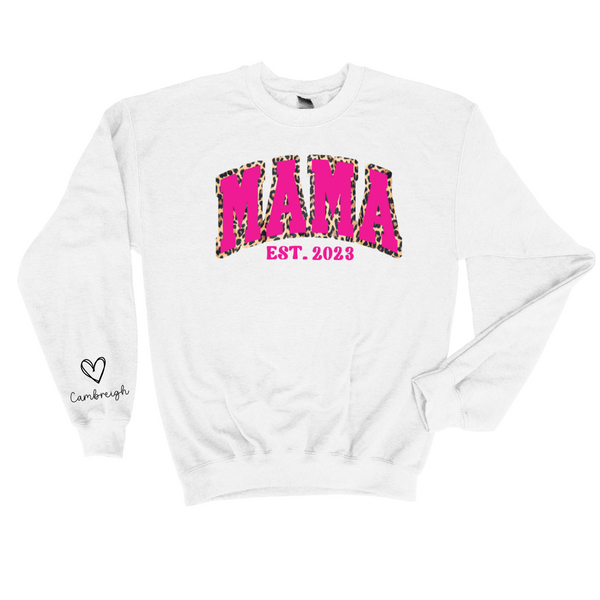 Custom Mama EST. Sweatshirt with Pink Leopard Print