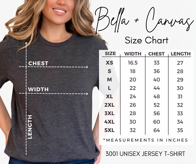 Bella & Canvas t-shirt size chart