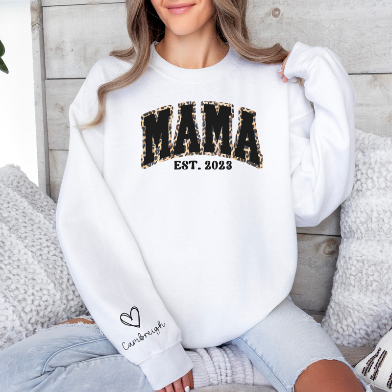 Custom Mama EST. Sweatshirt with Leopard Print