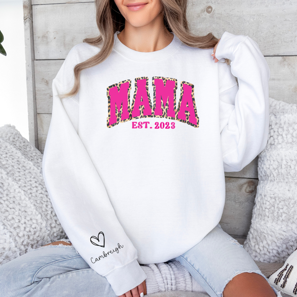 Custom Mama EST. Sweatshirt with Pink Leopard Print