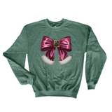 Pink Santa Bow Christmas Sweatshirt on Heather sport green