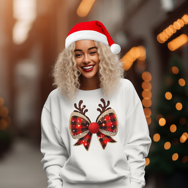 Buffalo Plaid Reindeer Bow Christmas Sweatshirt