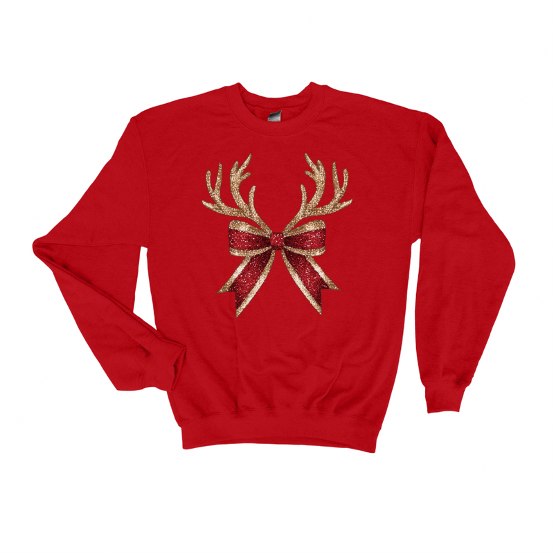 Faux Glitter Reindeer Antler Bow Christmas Sweatshirt