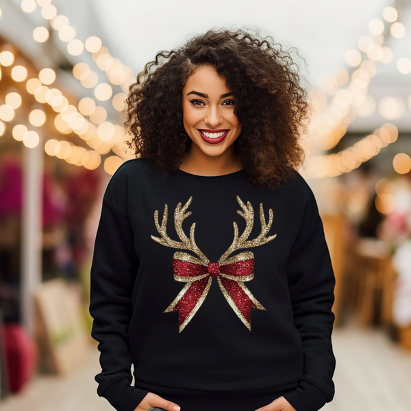 Faux Glitter Reindeer Antler Bow Christmas Sweatshirt