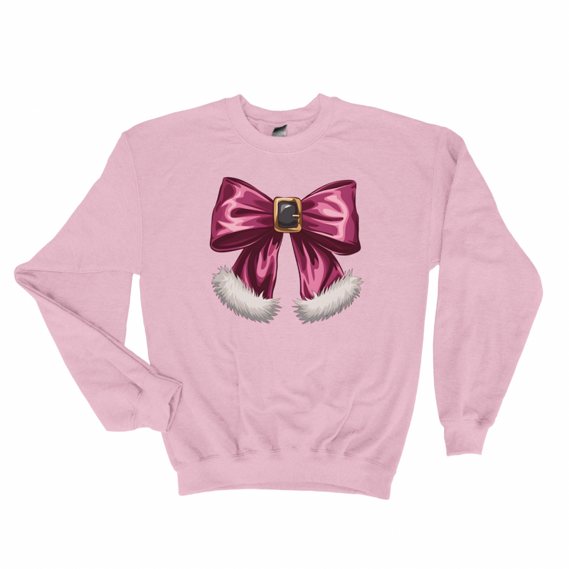 Pink Santa Bow Christmas Sweatshirt on pink