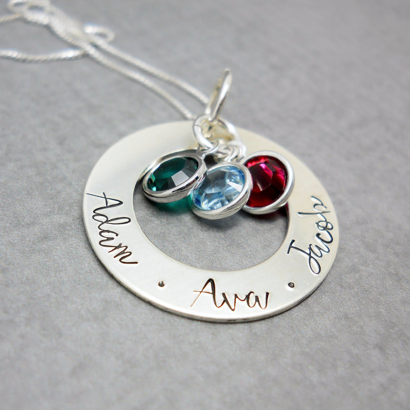 Sterling silver personalized Mothers washer necklace with kids names