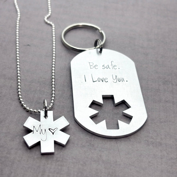 EMS set including dog tag keychain and necklace.