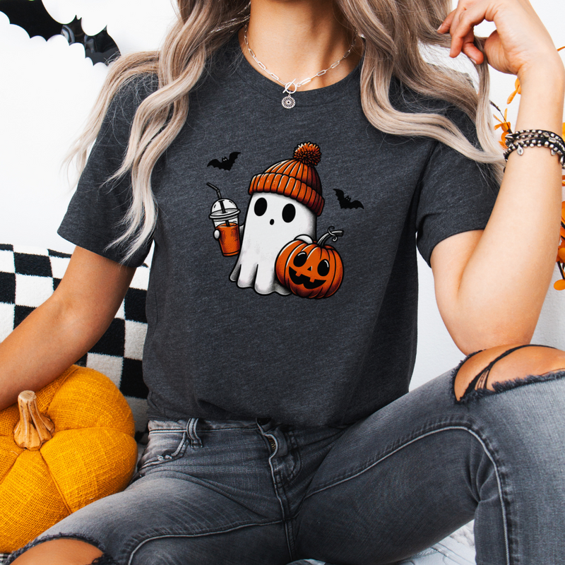 Cute Halloween Ghost with Coffee Graphic Tee