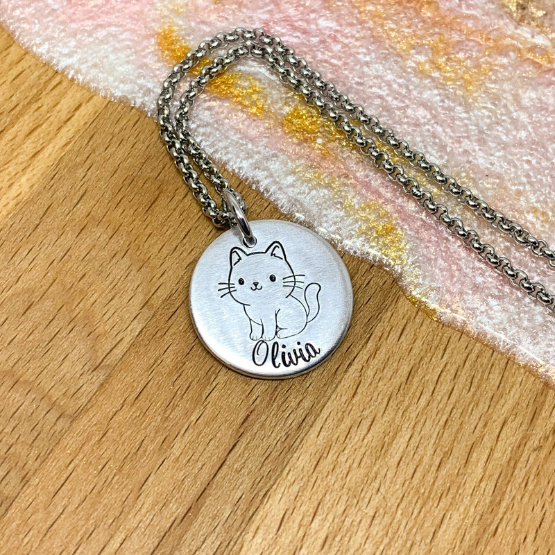 kitten name necklace on stainless steel chain