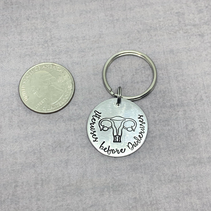 Uteruses before Duderuses keychain, Funny keychain next to quarter for size comparison