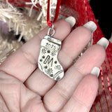 Personalized Christmas Ornament, Initial Stocking Ornament in hand to show small size.