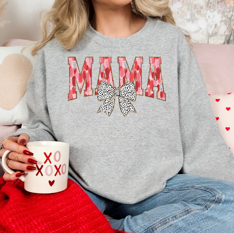 Mama Valentine’s Sweatshirt | Cute Leopard Bow Crewneck Sweatshirt | Grey