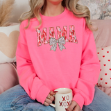 Mama Valentine’s Sweatshirt | Cute Leopard Bow Crewneck Sweatshirt | Safety Pink