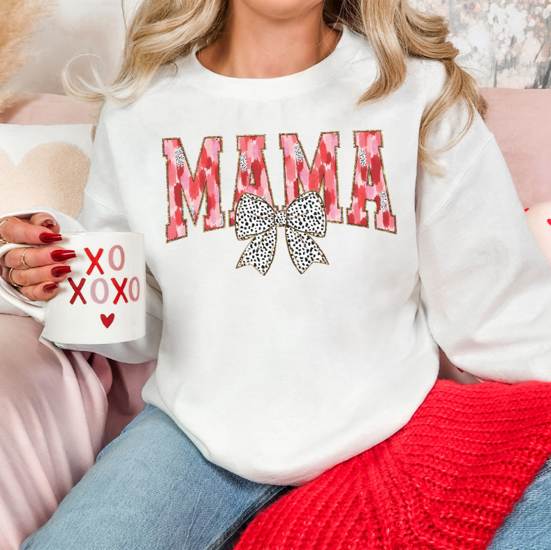 Mama Valentine’s Sweatshirt | Cute Leopard Bow Crewneck Sweatshirt | White