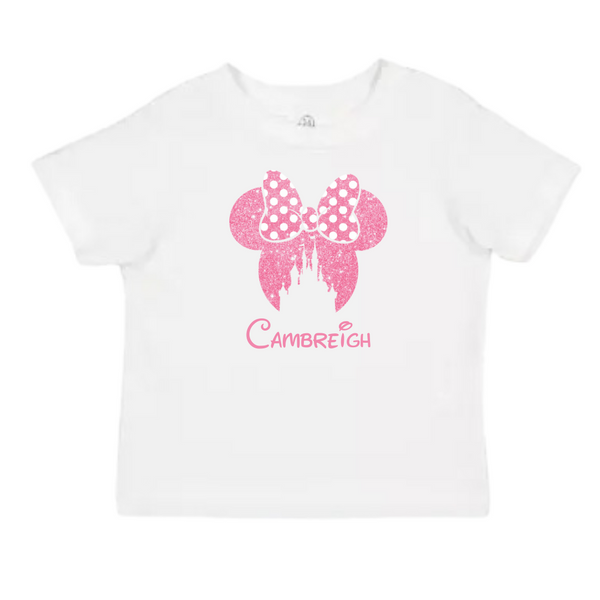 Personalized Pink Bow Pink Minnie Ears & Castle T-Shirt for Kids – Custom Name Shirt