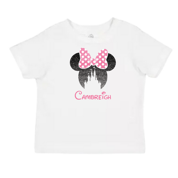 Personalized Glitter Pink Bow Minnie Ears & Castle T-Shirt for Kids – Custom Name Shirt