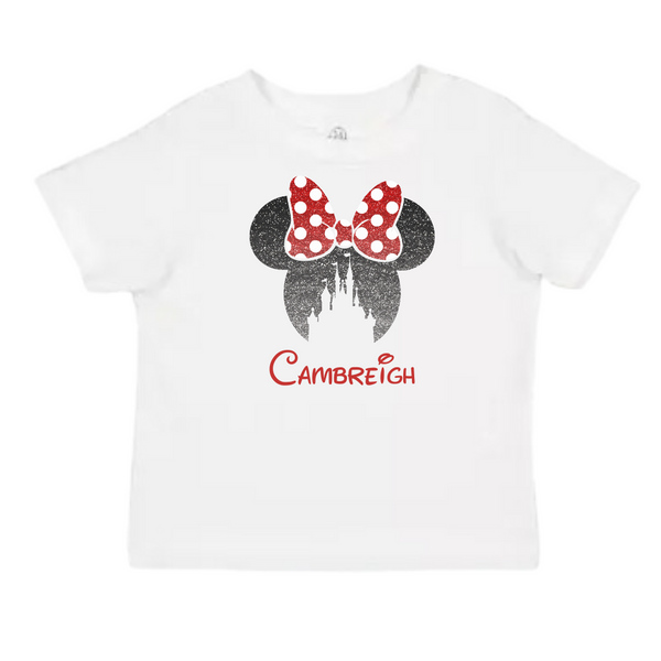 Personalized Glitter Minnie Ears &amp; Castle T-Shirt for Kids – Custom Name Shirt