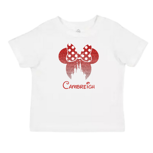 Personalized Red with Red Bow Minnie Ears & Castle T-Shirt for Kids – Custom Name Shirt