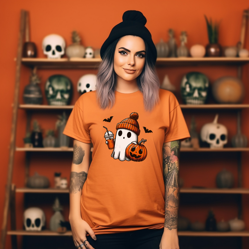 Cute Halloween Ghost with Coffee Graphic Tee