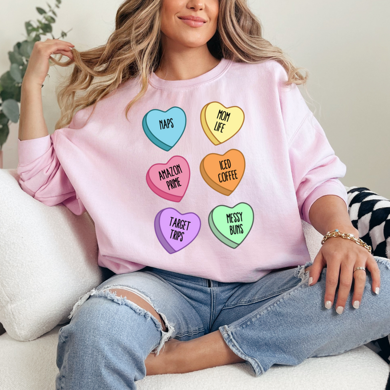 Mom Conversation Hearts Valentine's Day sweatshirt light pink