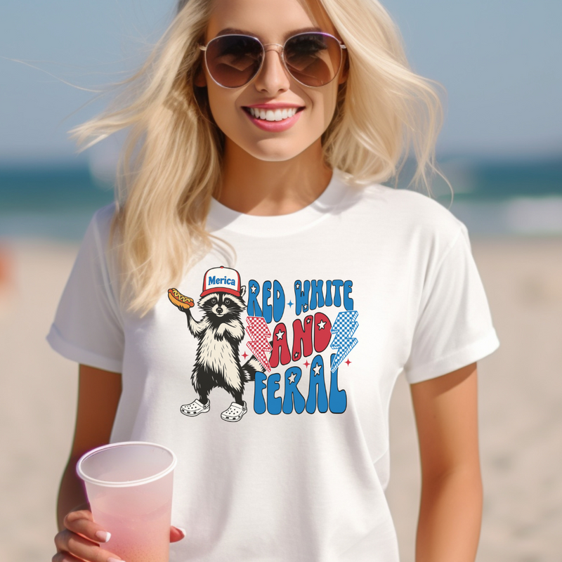 Red White and Feral Tee – Funny Patriotic Raccoon T-Shirt
