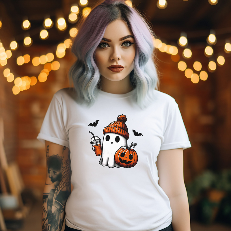 Cute Halloween Ghost with Coffee Graphic Tee