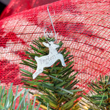 Silver reindeer ornament with 'Peyton' on a Christmas tree branch.