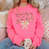 XOXO Bow Sweatshirt | Pink Leopard Valentine’s Crewneck Sweatshirt | Safety Pink