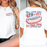 You Look Like the 4th of July – Hot Dog Back Print Tee im white