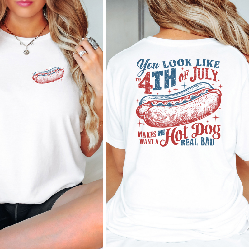 You Look Like the 4th of July – Hot Dog Back Print Tee im white