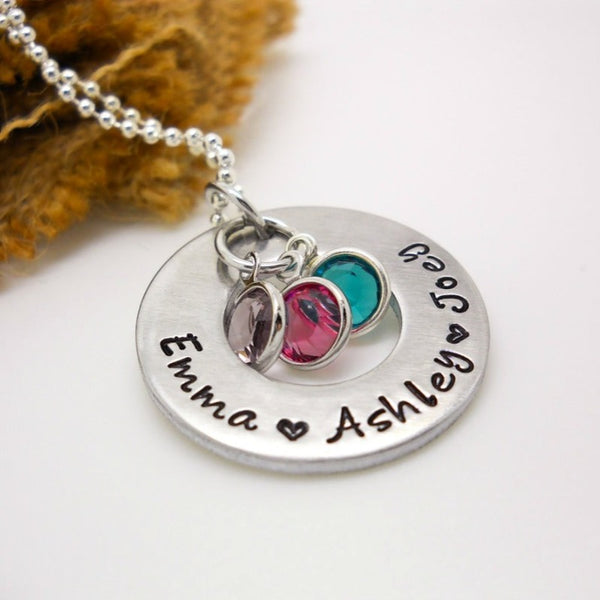 Personalized Mom Necklace with floating birthstones, washer necklace