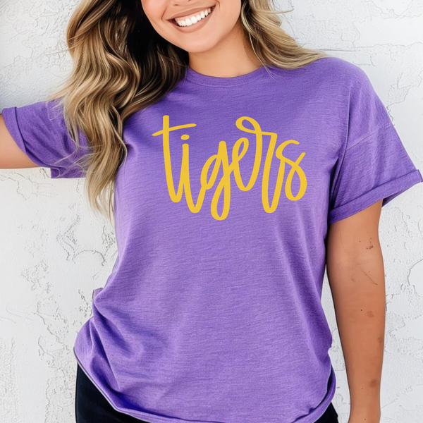 Tigers T-Shirt, Gold Tigers on Purple Tee, Game Day Spirit Shirt