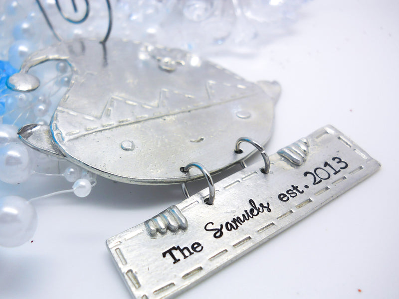Personalized Hand Stamped Elf Christmas Ornament, flat lay