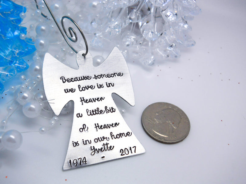 Personalized Angel Christmas Ornament, size comparison with quarter