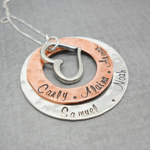 Sterling Silver and Copper Personalized Mothers Necklace with Kids Names and Heart Charm