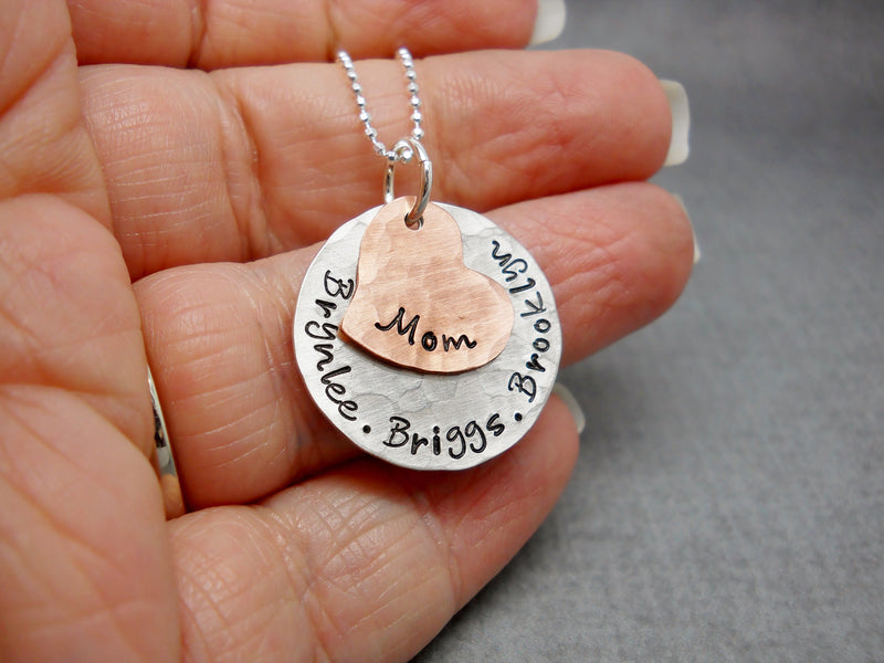 Sterling Silver and Copper Custom Mothers Necklace With Kids Names, modeled in hand